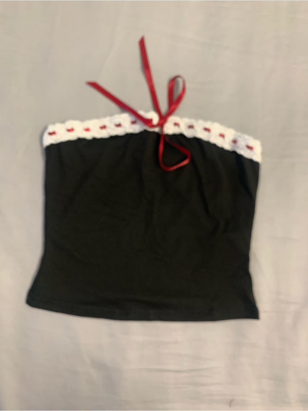 Black Strapless Tube Top with White Crochet Trim and Red Ribbon